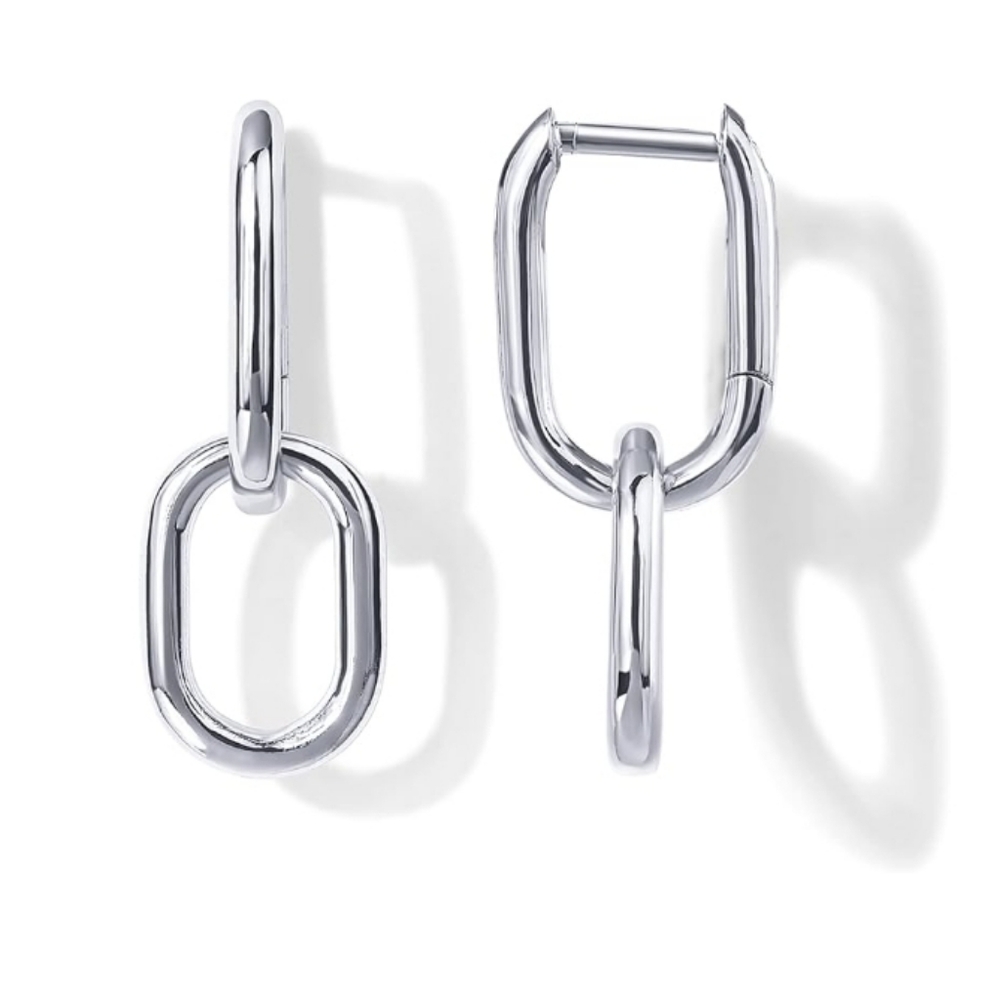 14K White Gold Plated Huggie Chain Link Drop Dangle Hoop Earrings - Picture 5 of 5
